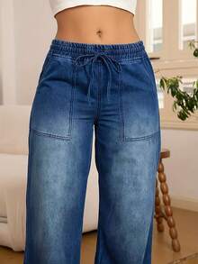 Casual Washed Drawstring Elastic Waist Straight Leg Wide Leg Jeans - 藍色 - 查看 9
