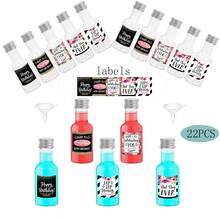 22/3 chai nhỏ chủ đề sinh nhật 0,85oz/1,7oz - Chai nhựa đựng rượu có thể tái sử dụng, Chai đựng đồ uống, Chai nhựa đựng rượu, Có nắp màu vàng và bạc và 2 phễu, Chai nước ép mini, Chai nước sốt cay nóng, Ngày sinh nhật, Quà tặng tự làm - Trong sáng - Xem 8