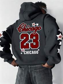 Plus Size Men's Casual Numeric & Star Graphic Drawstring Hoodie Sweatshirt, Versatile For Commuting - 灰色 - 查看 5