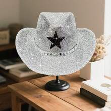 Adults Glitter Western Cowgirl Hats With Rhinestones Fashionable Wide Brim Fedora Caps For Outdoor Vacation - Bạc - Xem 2