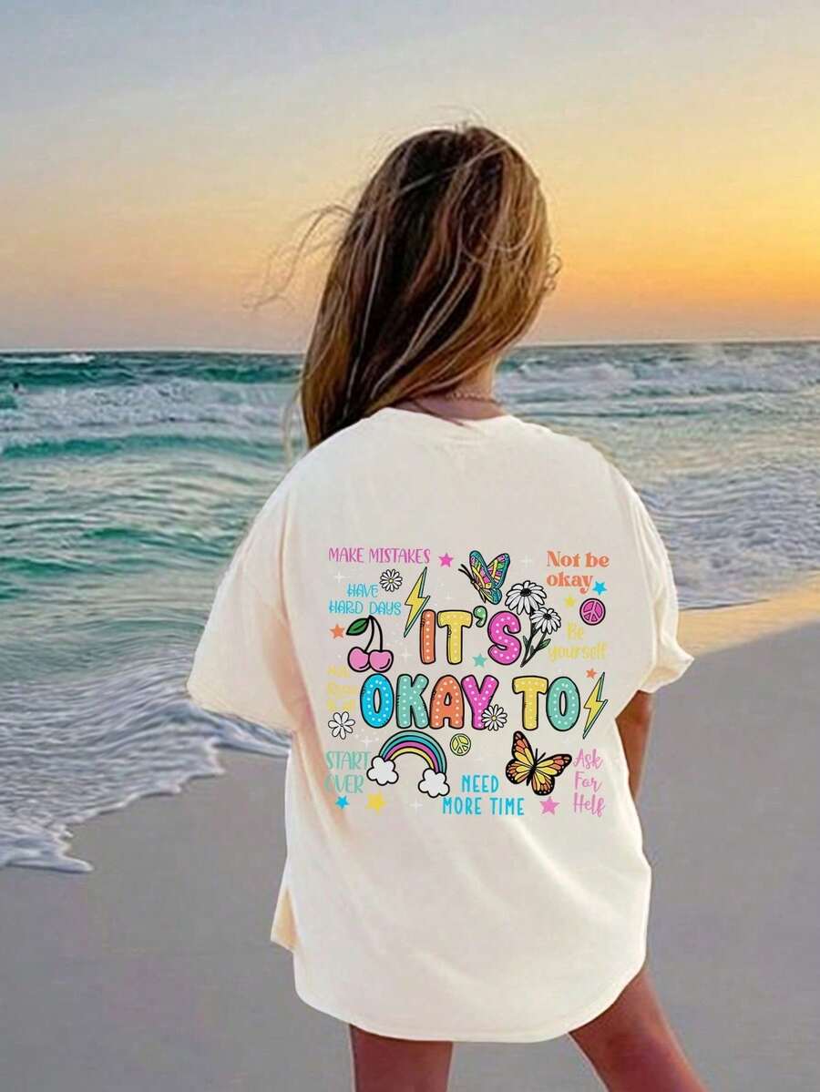 Tween 女童休闲趣味印花圆领短袖 T 恤，夏季上衣 - 杏色 - 查看 1