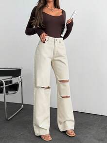 Blugi damă casual spălați, cu croială dreaptă, cu detalii uzate, lungi, simpli, neelastici, pentru purtare zilnică