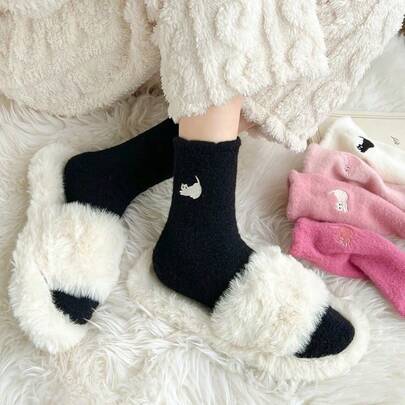5 Pairs Cute Cat Embroidered Socks, Soft & Cozy, Multi-Color, Versatile, Suitable For Autumn/Winter