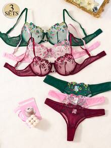 3 Sets Of 6-Piece Women's Multi Colored Sexy Lingerie Sets In Black Red, Black Blue, And Burgundy Colors, Daily Comfortable Home Style Sexy Lingerie And Triangle Underwear, Christmas And Halloween Holiday Party Gifts - 彩色 - 查看 1