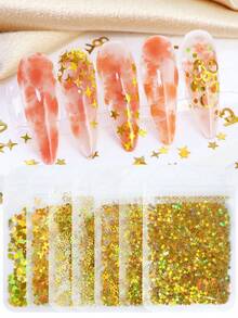 7 Packs X 2g Laser Yellow Glitter Set, Holographic Round, Heart, Pentagram Thin Flakes Nail Art Decorations, DIY Nail Sticker Design - Gold - View 2