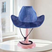 Unisex Denim Western Cowgirl Hats Fashionable Classic Wide Brim Fedora Caps With Wind Lanyard - Blue - View 1