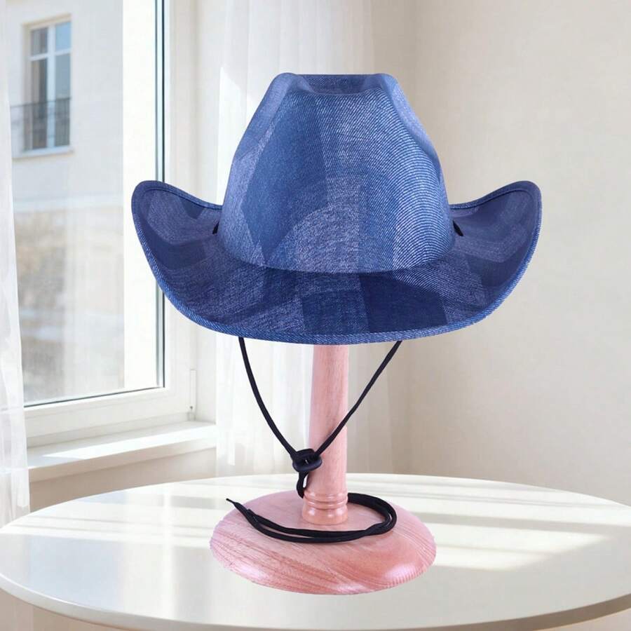 Unisex Denim Western Cowgirl Hats Fashionable Classic Wide Brim Fedora Caps With Wind Lanyard - Blue - View 1