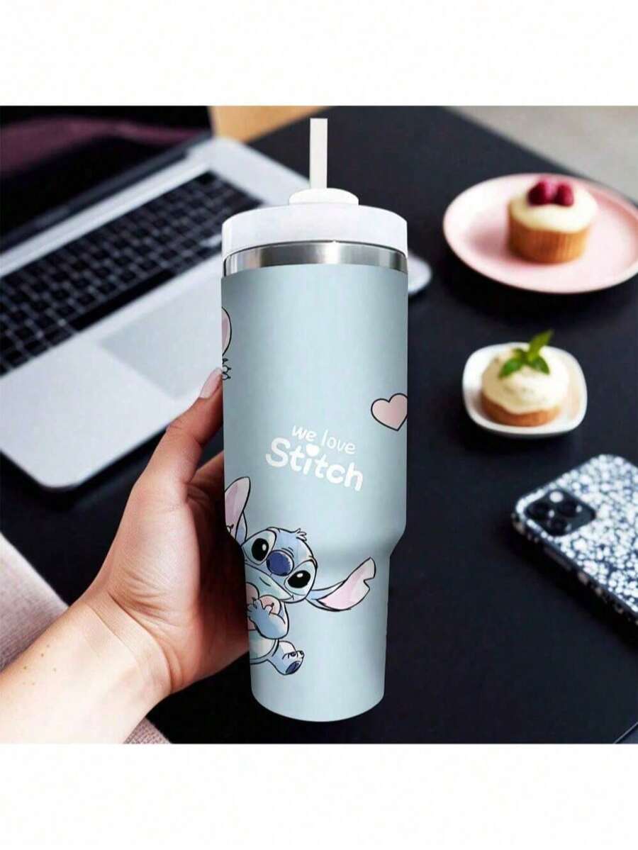 Stitch 30oz Stainless Steel Insulated Travel Mug With Lid & Straw - 304 , Car Cup Holder Compatible, Double-Wall Vacuum Insulation For Hot/Cold Drinks, Vibrant Stitch Design With Hearts & Beach Scene - Perfect For Travel, Home, Office, Gift For Fans, Travel Drinkware, Playful Design, Office Drinkware, Fun Drinkware, Construction, Reusable Tumbler, Office Workers - Multicolor - View 1