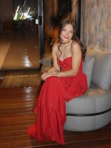 LONG DRESS WITH LAYERED RUFFLES, STRAP-FALL TWISTED AT THE BUST - Đỏ - Xem 5