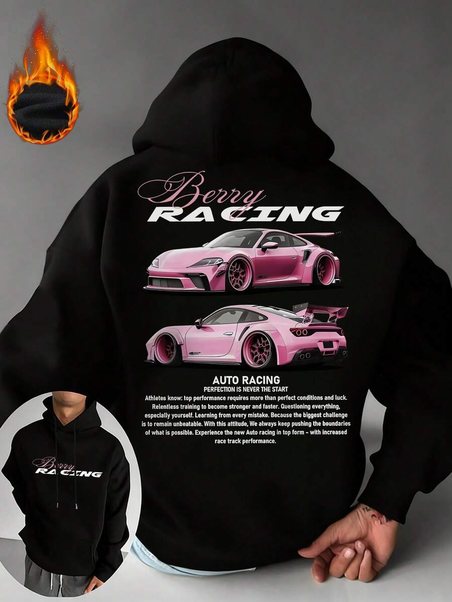 Men's Hoodie With Car English Slogan & Graphic Print, Thermal Lined, Autumn/Winter, Long Sleeve Top - Black - View 1