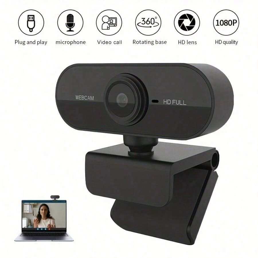 Full High Definition Webcam - Video Conferencing, Voice Calls, Student Classroom, Conference Camera With Microphone - Plug And Play, Built-In Digital Microphone, Wide Angle Lens, High-Resolution Video - 黑色 - 查看 1