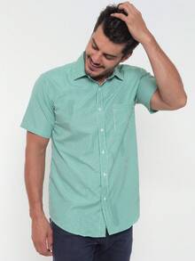 Men's Casual Slim Fit Short-Sleeved Plaid Shirt With Pockets. - 薄荷綠 - 查看 3
