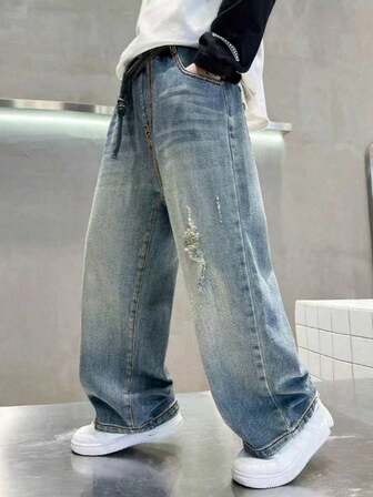 ファッショナブルな アメリカン スタイル ドローストリング ウエスト ストレートレッグジーンズ 10代の男の子用、ルーズ カジュアル ワイドレッグ パンツ 大人の子供用、春秋新作