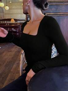 优雅简约复古休闲日常秋季双面针织圆领长袖打底衫女装黑色春季款 - 黑色 - 查看 3