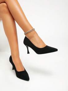 1 Pair Women's Black High Heel Pumps, Solid Color, Commuting, Business, Sexy, Party, Fashion, Faux Suede, Closed Toe, Pointed Toe, Stiletto Heel, Suitable For Holiday, Wedding, Party, Office, All Season - Black - View 3