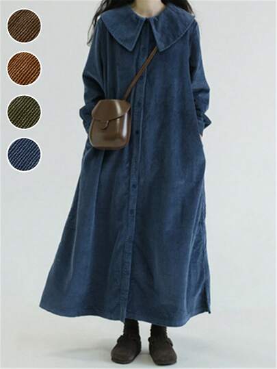 Women's Vintage Corduroy Loose Single-Breasted Long Sleeve Cardigan Dress Coat, Winter Clothes