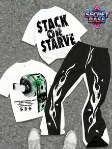 SECRET BASE Men's "Stack Or Starve" Money Graphic T-Shirt And Flame Track Pants Set - Streetwear Outfit - 白色 - 查看 1