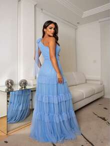 Lightweight And Flowing Fabric With A Perfect, Elegant Drape. Suitable For Parties, Asymmetrical Design, Ruffled Hem, And Layered Details. Perfect For A Wedding Or Beach Wedding. - 寧靜藍 - View 2
