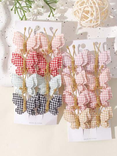 8 chiếc kẹp tóc nơ kẻ caro thủ công dễ thương cho bé gái, phụ kiện tóc trẻ em