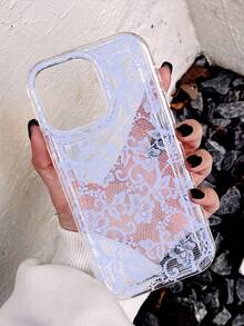 1 pezzo Custodia per telefono morbida e trasparente con motivo in pizzo bianco, antiscivolo, compatibile con iPhone 11/12/13/14/15/16 Pro Max, regalo romantico per matrimonio - Multicolore - Visualizzare 3