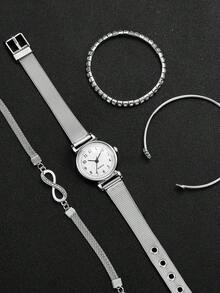 Set de 4 piezas con pulsera de mujer, reloj de pulsera de cuarzo con esfera pequeña y diseño numérico clásico (sin incluir el reloj) - Plateado - Ver 4