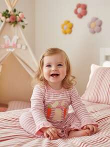 Baby Boy Girl Easter Romper Striped Carrot Bunny Long Sleeve Crewneck Jumpsuit Casual Spring Summer Clothes - Pink - View 7