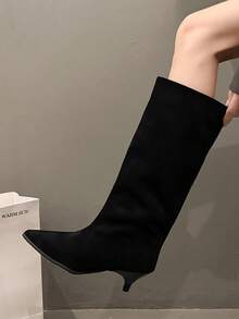 Fall/Winter French Blogger Style Pointed Toe Thigh High Boots, Ins Nordic Kitten Heel Equestrian Boots For Women - Black - View 8