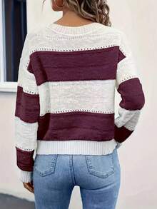 Contrast Color Striped Casual Pullover Sweater Vacation - Burgundy - View 3
