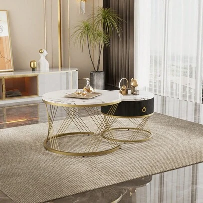 Conjunto de 2 mesas de centro dobráveis elegantes: aparência de mármore, detalhes dourados, mesa lateral com gavetas.