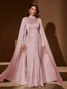 女士纯色立领优雅长裙，腰部饰有串珠和褶皱设计，柔软飘逸的长袖，适合派对、宴会、正式场合、婚礼等，粉色系春季派对 - 粉色 - 查看 3