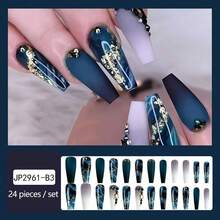 Long Marbled Fake Nails Rhinestone Coffin Dark Green Press-On Nails Acrylic False Nails With Glue Sticker (24pcs) - Black and White - View 2