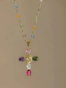 1 PC Vibrant Multicolored Rhinestone Cross Pendant Necklace - Sparkling Statement Accessory With Sexy & Cute Style, Dazzling Design, And Eye-Catching Details - Perfect For Women's Everyday Wear And Special Occasions - Type 1 - View 2