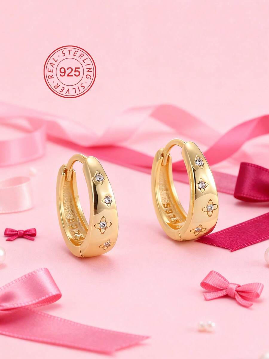 Artepollo 925 Sterling Silver Round Earrings For Women | 14K Gold Plated Zirconia Star Engraved Hoop Earrings | Hypoallergenic, Fade-Resistant, Lightweight, Gold Jewelry | Gift Box Packaging, Holiday Gift - one-size - View 1