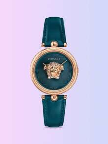 Versace 女士经典皮革表带石英表，搭配玫瑰金不锈钢表壳，适合女士优雅礼品腕表 - 綠色 - 查看 1