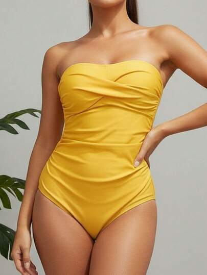 1 pezzo Costume da bagno elegante e sexy con volant a nodo, colore unito, adatto per vacanze al mare in estate