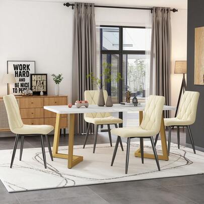 Essgruppe (Dining Table Set, 117*68cm With 4 Chairs), Rectangular Dining Table, Modern Kitchen Table Set, Beige Velvet Dining Chair, Gold Table Legs