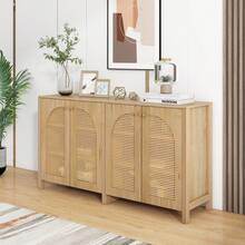 Modern Minimalist Style Sideboard With 4 Rattan Doors, Metal Handle, Simple Buffet Cabinet For Dining Room, Living Room, Kitchen (Natural Wood) - 天然纖維+中密度纖維板 - 查看 12