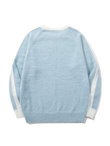 Unisex locker sitzender Lässig Kontrast-Farbstrick-Pullover, warm für Herbst & Winter, koreanischer Stil, minimalistisches Design, Rundhalsausschnitt mit langen Ärmeln - Blau - Übersicht 3