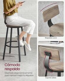 VASAGLE Taburete Alto Juego de 2 Taburetes Altos de Cocina con Respaldo Estructura de Acero Asiento de 73 cm de Altura Fácil Montaje Estilo Industrial Greige y Negro - Beis - Ver 7
