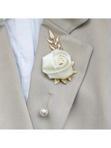 1pc Romantic White Rose Bouquet Set, Polyester Flower Bouquet For Men, Reusable Tabletop Decor And Bridal Accessory - Ideal For Weddings, Parties And Celebrations - Multicolor - View 2