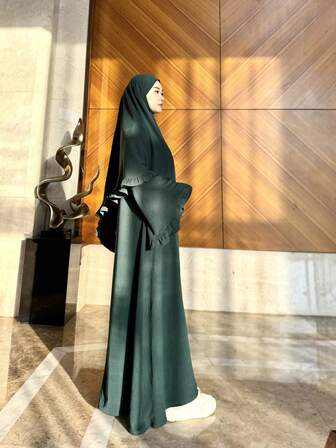 Tvådelat Khimar Abaya Set, Crepe Abaya och Halsduk, Utsvängd Abaya och Hijab, Lång Damklänning