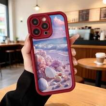 Cubierta de teléfono con borde negro diseño de playa rosa con conchas y cielo nublado para uso diario en cafeterías y viajes Aplicable a los teléfonos de la serie Apple y Galaxy - Café integral - Ver 5