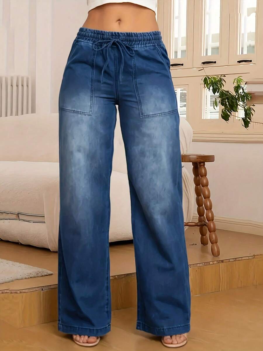 Casual Washed Drawstring Elastic Waist Straight Leg Wide Leg Jeans - 藍色 - 查看 1