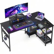 L Shaped Computer Desk With Reversible Storage Shelves 118 * 80 * 86.4cm Corner Desk With Monitor StandandHeadphone Hook Home Office Desk Modern Simple Writing Table Black - Black - View 1