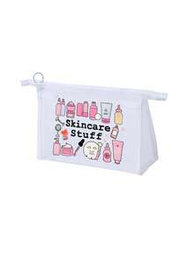 Mesh Cosmetic Bag With Face Mask Pattern And "Skincare" Text, Multi-Functional Makeup Bag For Storing Hair Clips, Headbands Etc., Red Cushion Portable Storage Pouch, Cosmetic Bag, Skincare Pouch - Multicolor - View 10