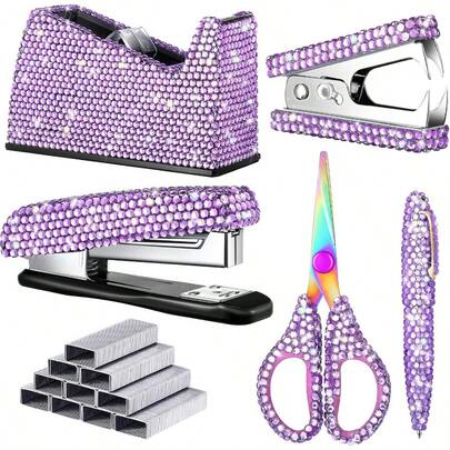Yunlly 6 Pack Bling Office Stationery Set Desk Accessory Office Set Includes Pen Scissor Stapler Staple Remover 1000 Pcs Staples Tape Dispenser With Diamond Inlay For Home Desk Purple Perfect For Home Office And Workspaces Stylish And Functional Desk Organizer With Sparkling Details For Daily Use