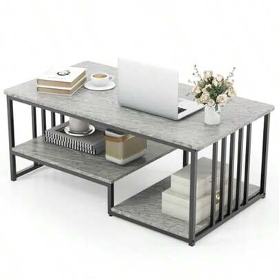 Faux Marble Coffee Table With Wide Top And Open Shelf Modern Rectangular 2-Tier Cocktail Table With Metal Frame For Living Room Home Office Gray