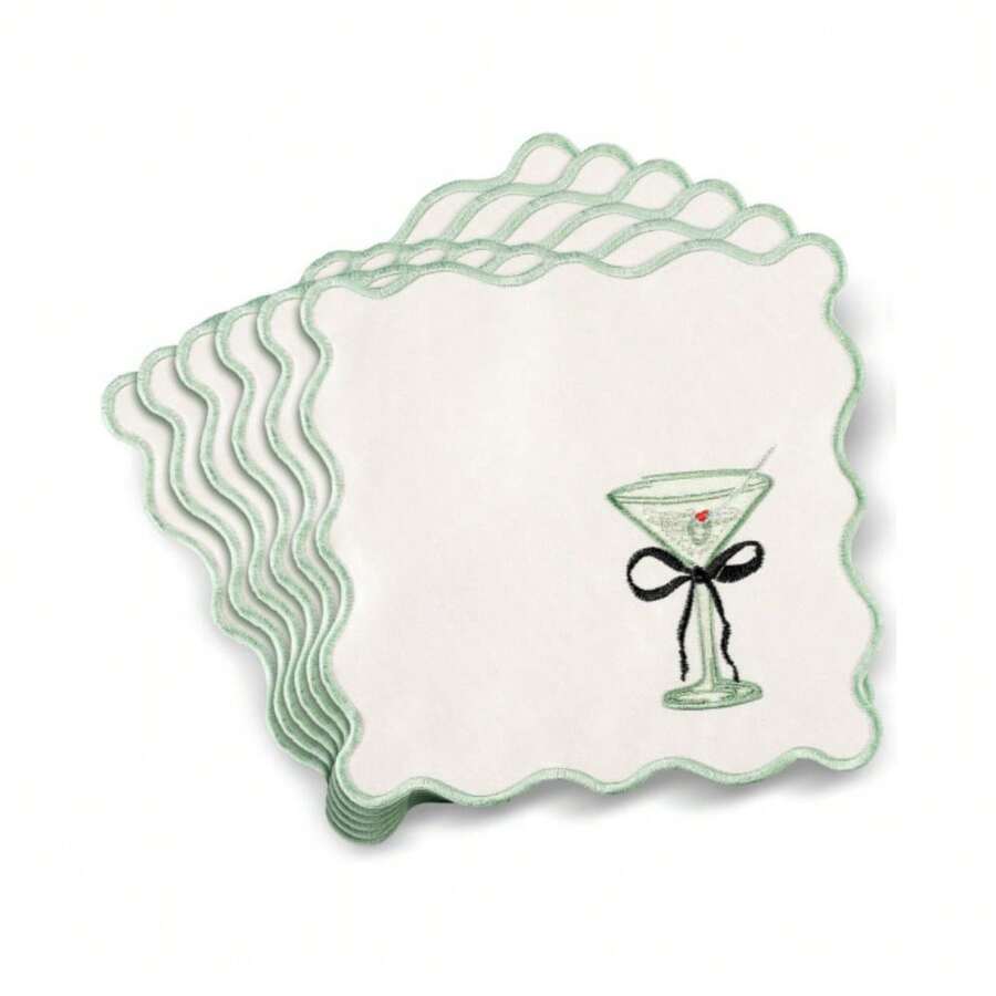 Set Of 6 Martini Cocktail Napkins With Scalloped Embroidery, Ideal For Parties, 15x15 Cm (6"X6"). Washable Polyester Satin Fabric, Perfect For Martini Cocktails, Bachelorette Parties And As Decoration (White). - White - View 1