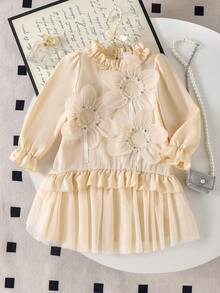 Sweet & Cute 3D Floral Lace & Mesh Long Sleeve Princess Dress - Apricot - View 1