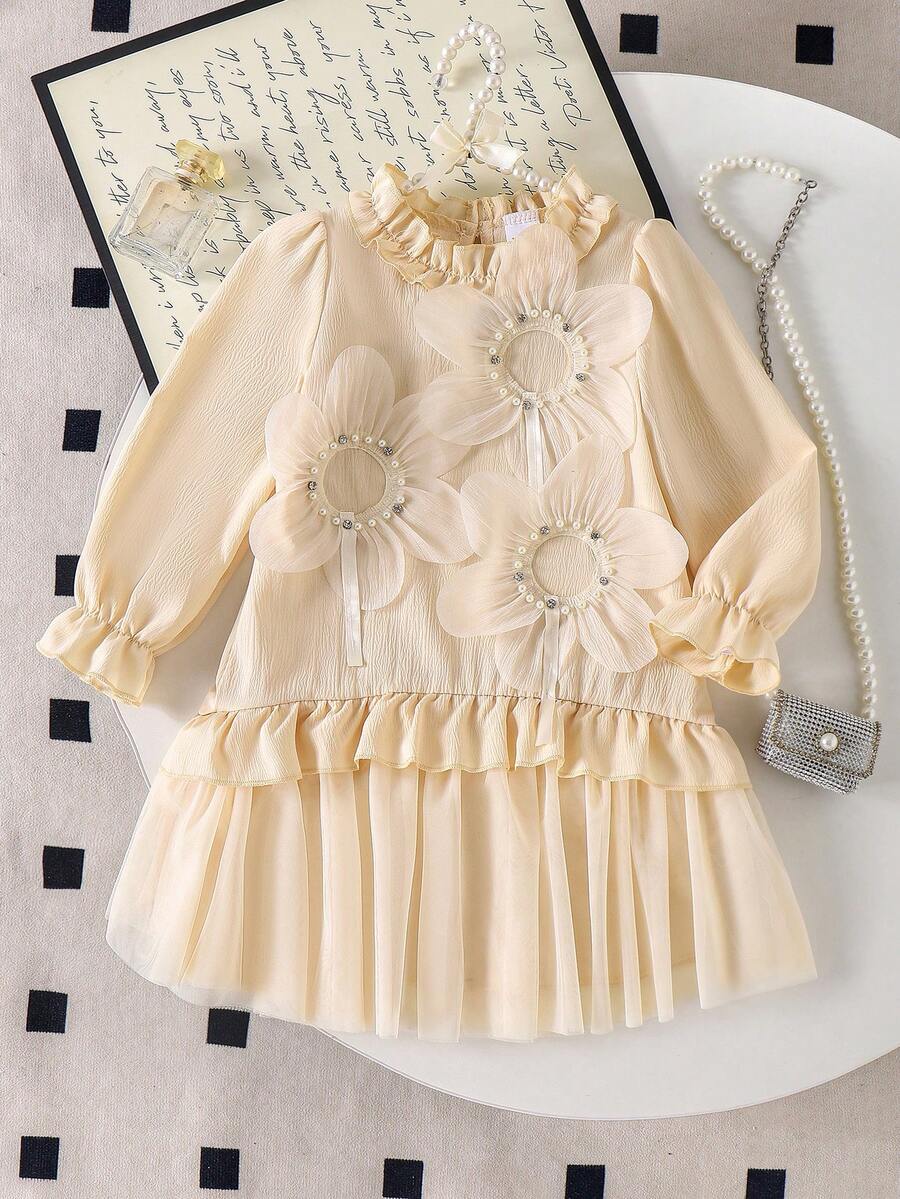 Sweet & Cute 3D Floral Lace & Mesh Long Sleeve Princess Dress - Apricot - View 1